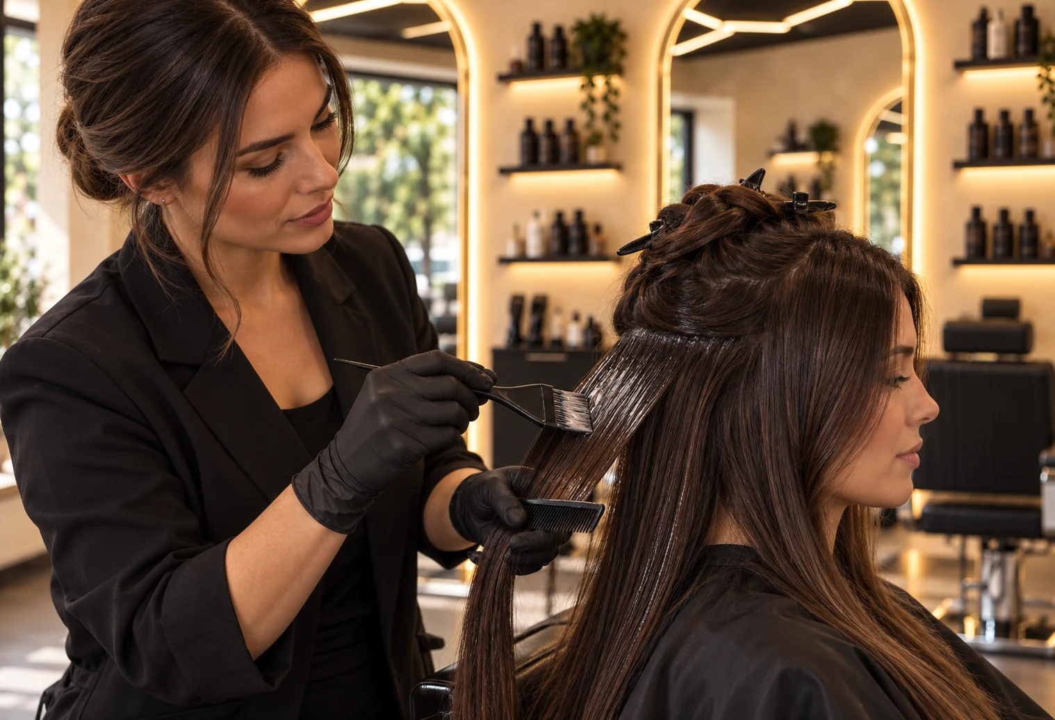 Professionelle Anwendung einer Keratin-Behandlung Strähne für Strähne