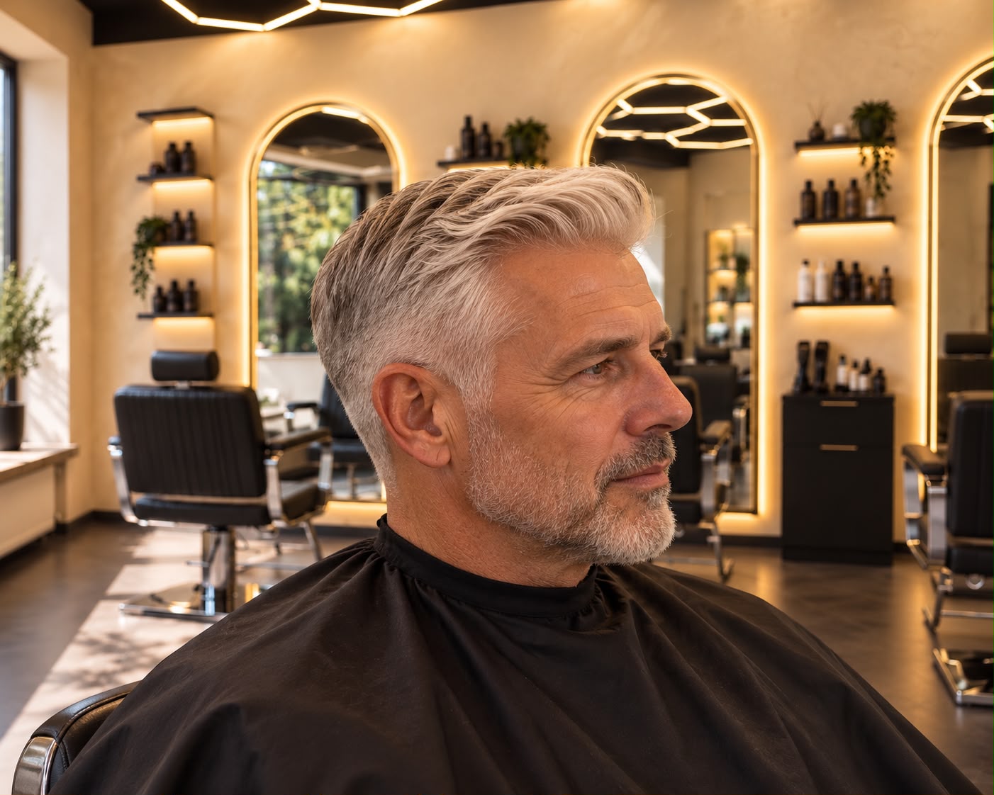 Eleganter grauer Herrenhaarschnitt mit gepflegtem Bart im Gent & Hair Studio