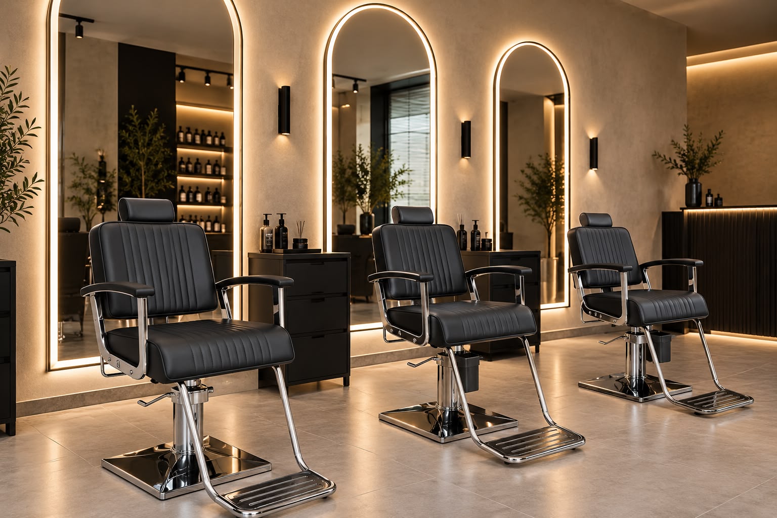 Moderne Friseurstühle vor den beleuchteten Spiegeln